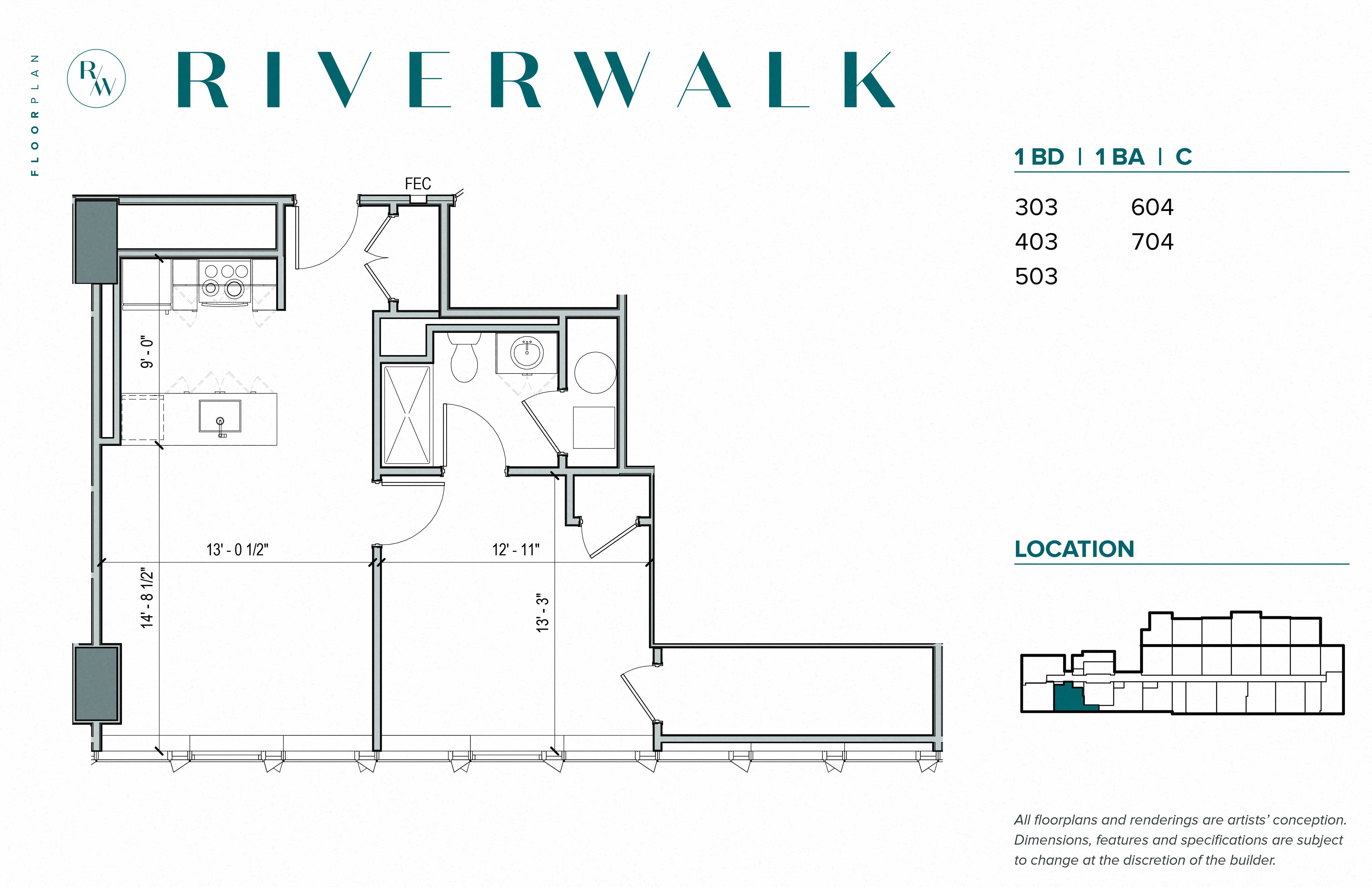 Floor plan for 1 bed, 1 bath, 724 sqft